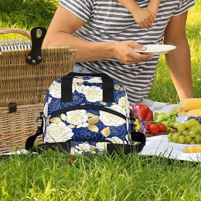 Pardick Roses Flower Blue Insulated Lunch Bag for Women Leakproof Lunch Box Large Cooler Thermal Tote Bag with Shoulder Strap Meal Prep Bags for Work School Office Picnic Teen Girls Adult