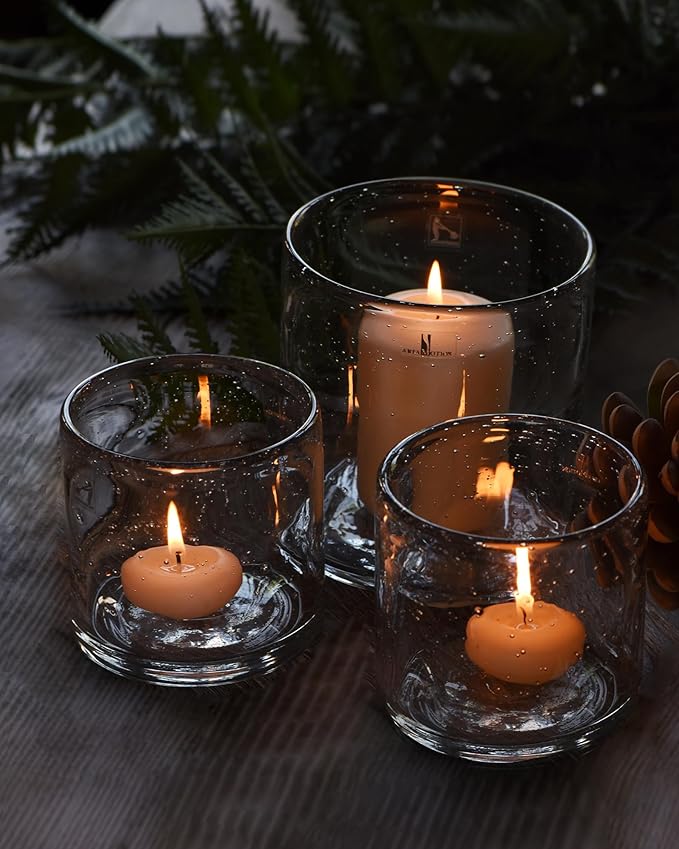 Glass Candle Holder Set 3 Clear Seeded Bubbles Modern Farmhouse Centerpieces Coffee Table Rustic Hurricane Cylinders Pillar Votive Tealight