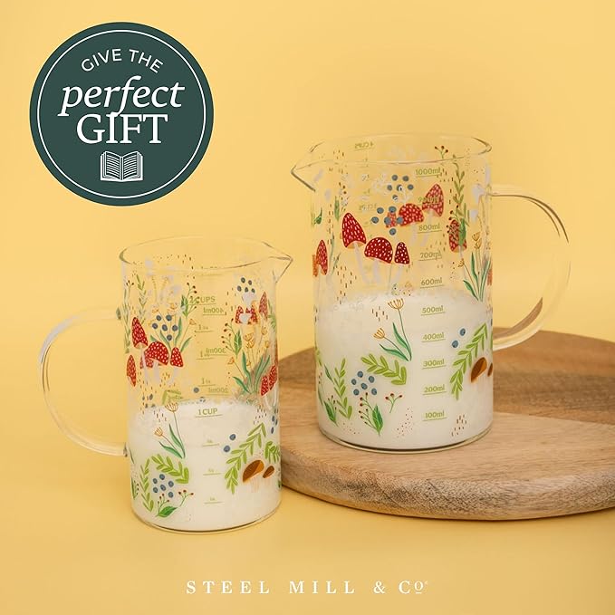 Steel Mill & Co. 1000mL Glass Measuring Cup for Liquid, Mushrooms | Glass Beaker Kitchen Tool, Cottagecore, Hippie, Fairycore Kitchen Aesthetic Home Decor and Accessory