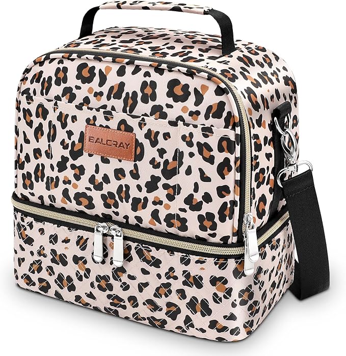 BALORAY Lunch Bag for Women Men Insulated Lunch Box for Adult Reusable Lunch Tote Bag for Work, Picnic or Travel (Khaki Leopard with Strap,L)