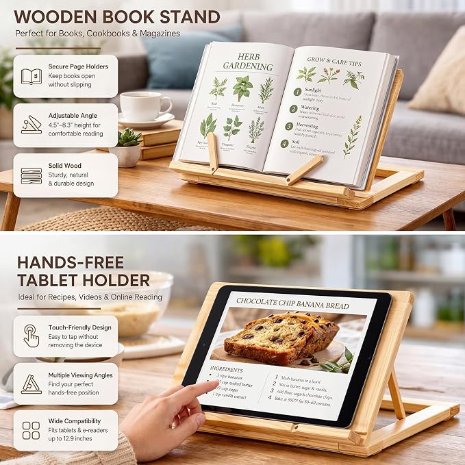 Gerrii Wooden Book Stand with Page Holder Clips Adjustable Foldable Reading Stand for Cookbooks Recipes Textbooks Bible Documents Tablet Solid Pine Wood Hands-Free Set Book Holder for Counter Desk