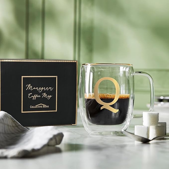 COLLECTIVE HOME - Double Walled Glass Coffee Mugs, Insulated Coffee Mug with Handle, Personalized Gifts for Women, Men, Christmas, 14 oz Monogram Cups (Q)