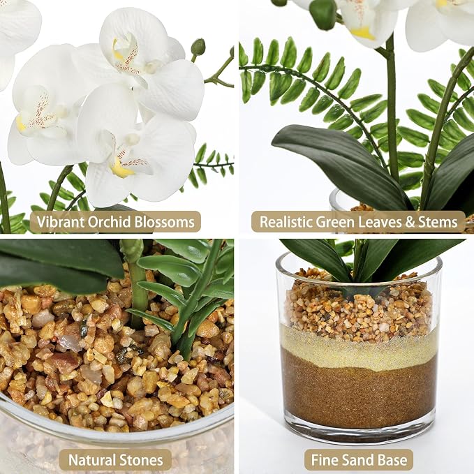 Oairse White Orchids Artificial Flowers with Vase Faux Orchids Plant in Pot | 13.7“ Phalaenopsis Orchid Flower Arrangements White Centerpiece for Kitchen Dining Room Table Bathroom Shelf Desk Decor