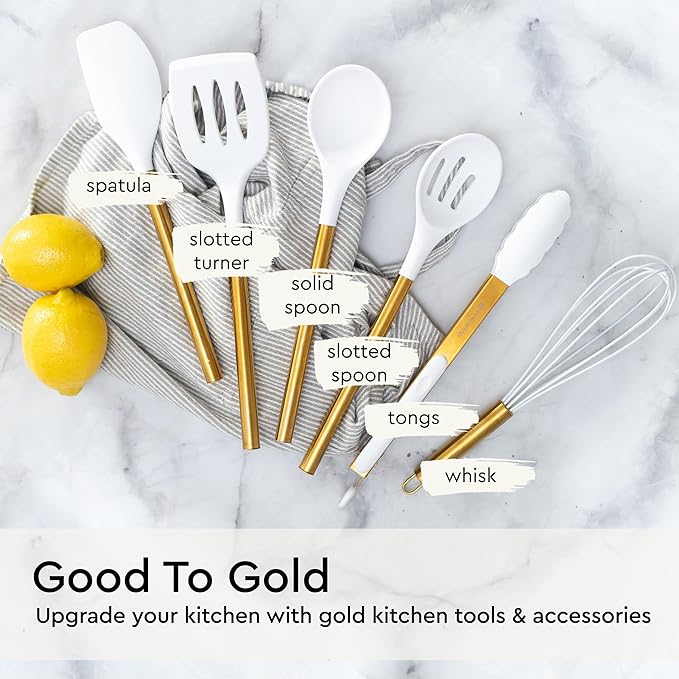 Gold Kitchen Utensils Set – 6 PC White Silicone and Gold Cooking Utensils with Spatula, Whisk, Tongs, Spoons, Cooking Tools for Nonstick Cookware – Luxury Kitchen Accessories for Home Chefs