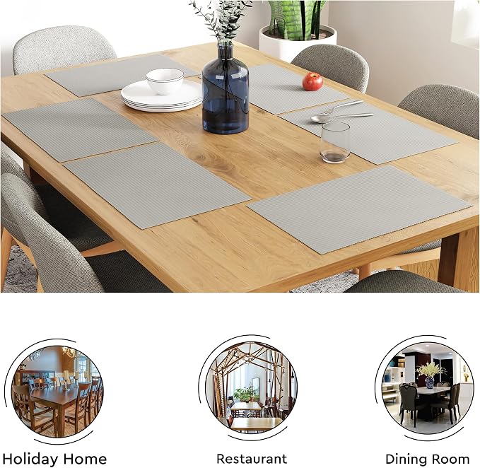 Encasa XO Dining Placemat Set of 6 | Light Grey Color | Fine Ribbed Cotton Table mat | Size 19x13 in | Machine Washable