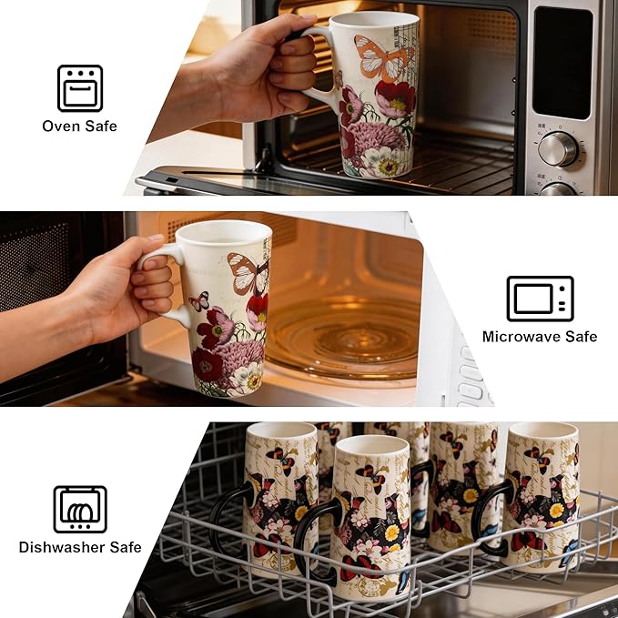 Topadorn Set of 2 17oz Ceramic Travel Mugs with Lids, Vintage Butterfly & Floral Coffee Cup Set, Spill Resistant Microwave & Dishwasher Safe Mug Set