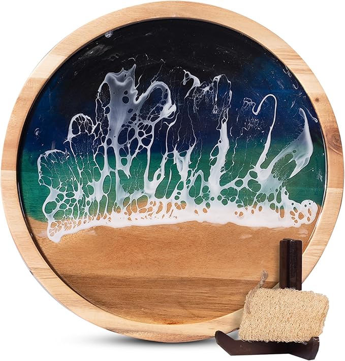 Acacia Wood Serving Tray with Ocean Resin Art, 15.8" x 15.8" Handcrafted Charcuterie Cheese Board for Kitchen Meal Prep, Includes Stand & Loofah, Housewarming Christmas Gift & Decor (Round)