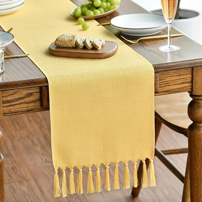 Artoid Mode Yellow Tassel Table Runner, Summer Linen Blend Rustic Farmhouse Style Kitchen Table Decoration Holiday Wedding Party Dinning Decor 13x90 Inch