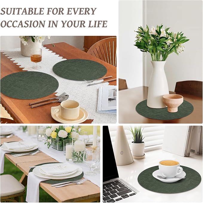 13" Round Placemats Set of 4, Reversible Faux Leather Heat Resistant Table Mats, Waterproof Oilproof Wipeable Table Protective Placemats for Vinyl, Washable for Indoor & Outdoor Use (4, Dark Green)