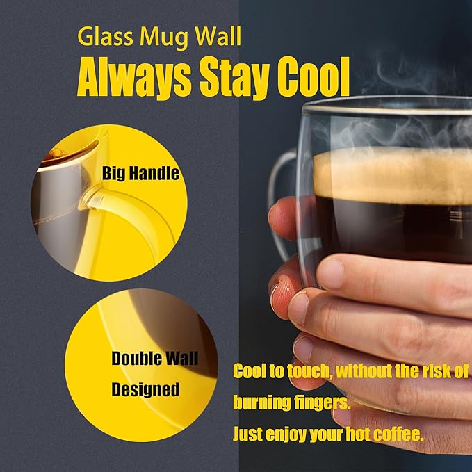 PunPun 16oz.480ml Clear Glass Mugs Large Coffee Mugs, Jumbo Insulated Double Wall Glasses, Premium Glasses Set with Big Handle, Iced Coffee Cup Set of 2