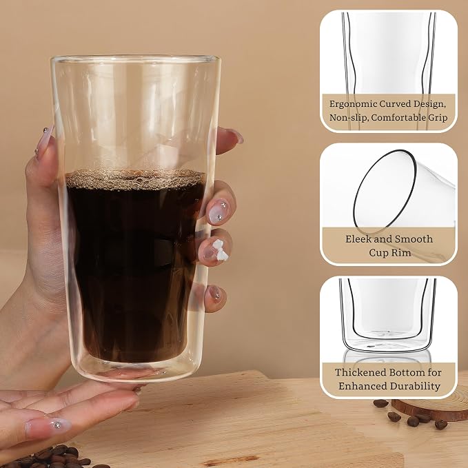 Joeyan Double Wall Glass, 15.2oz Wave Insulated Glass Tumblers Clear Coffee Cups for Hot Cold Drinks, Tall Drinking Highball Glasses for for Iced Coffee, Latte, Matcha, Tea, Smoothie, Set of 2