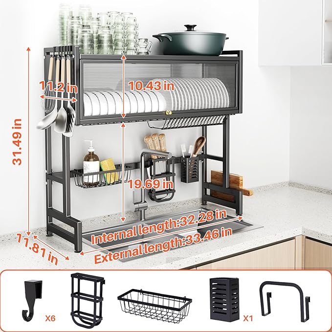 Over The Sink Dish Drainer Drying Rack 3 Tiers with Cover, Keep Kitchen Sink Shlef Organized Space-Saving Dish Drying Rack, Large Stainless Steel Sink Drying Rack for Dishes, Bowls, Cutlery (33.4"W)