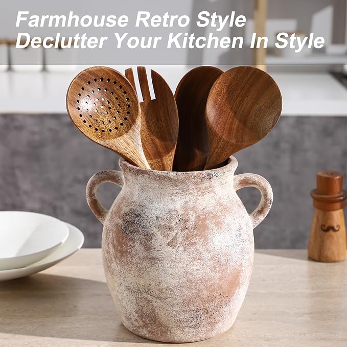 Ceramic Farmhouse Kitchen Utensil Holder for Countertop, Rustic Cooking Utensil Holder Crock Fit for Kitchen Counter. 6.2 x 6.2x 7 IN