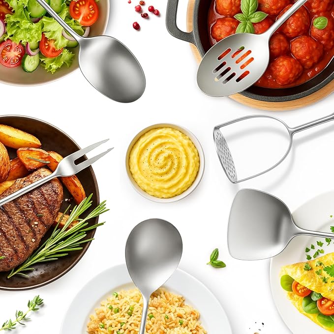 Newness 12 Pcs Cooking Utensils Set, 304 Stainless Steel Kitchen Utensils Set, Metal Kitchen Accessories, Include Soup Ladle, Slotted Skimmer Spoon, Spaghetti Spoon and Spatula, Dishwasher Safe