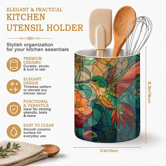 Hummingbird Kitchen Utensil Holder,Vintage Flowers Large Ceramic Utensil Crock Organizer for Spatulas,Spoons and Cooking Tools,Kitchen,Home Decoration 6.3"