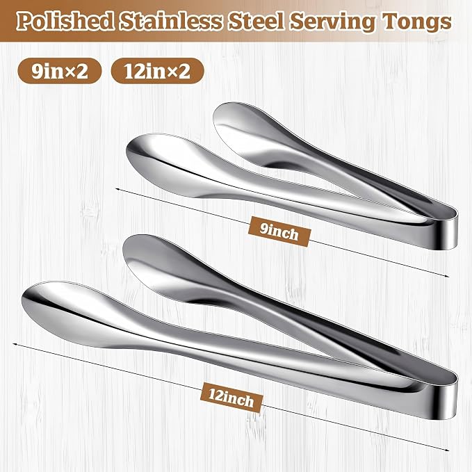 4 Pack 9 Inch and 12 Inch Serving Food Tongs Silver Buffet Stainless Steel Tongs Polished Heavy Duty Kitchen Tableware Set for Cooking Salad Party Picking up Ice Appetizers and More