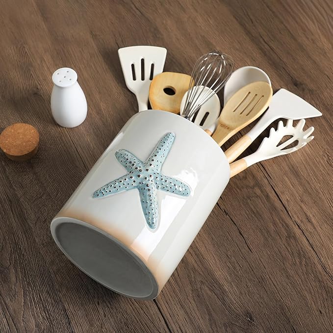 Ceramic Starfish Embossed Utensil Holder, Large Cooking Utensil Crocks for Countertop, Ocean Style Utensil Organizer for Spatula