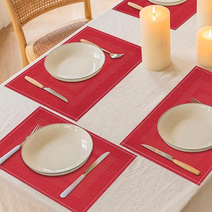 Niviy Christmas Placemats Set of 4, 12x18 Inch Rectangular Placemats for Kitchen Table, Red Placemats for Holiday Party Kitchen Dining Room Decoration