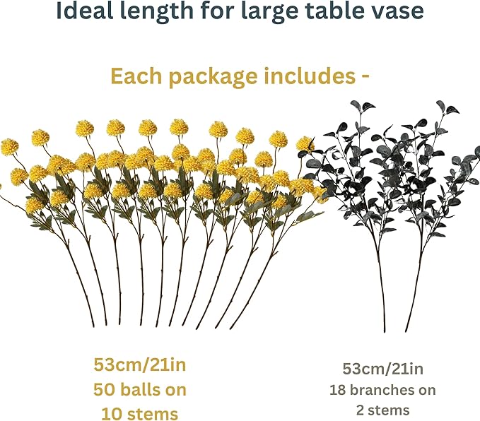 Yellow Flowers Artificial 10 Long Stems Kiku Flower With Eucalyptus, Spring Flowers Decor, Mustard Yellow Decor, Flores Amarillas Artificiales Para Decoracion, Faux Easter Spring Summer Floral Stems