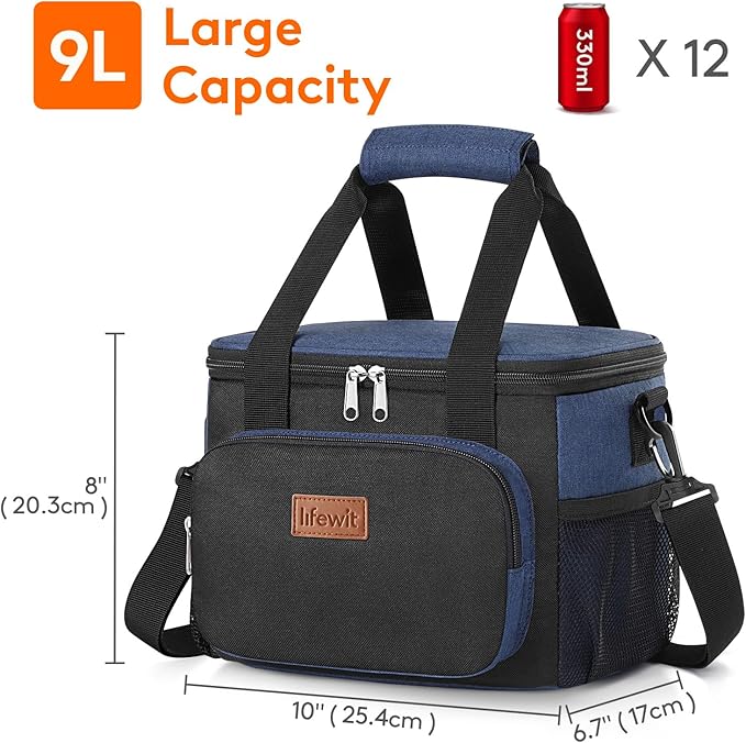 Lifewit Medium Lunch Bag, Insulated Lunch Box, Soft Cooler Cooling Tote for Adult Men Women, Black and Green 12-Can (9L)