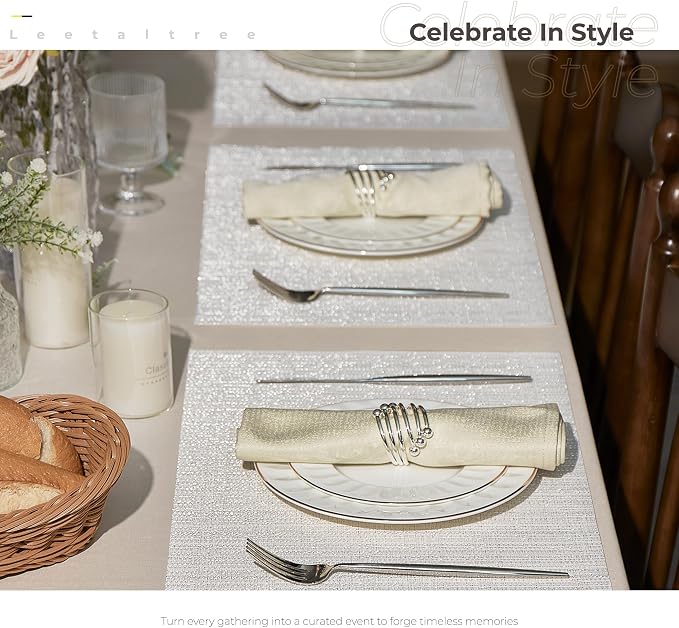 Leetaltree Sparkling White and Silvery Vinyl Woven Placemats Set of 4 - Durable - Washable - Wipeable Dining Table Place Mats, Suitable for Indoor & Outdoor Use - Hand-Cut