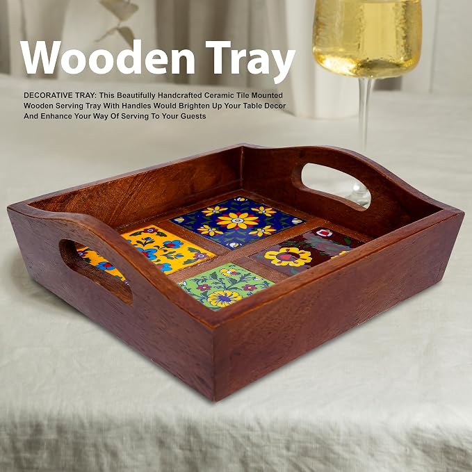 Craft Trade Square Mango Wood Serving Tray with 4 Fitted Ceramic Tiles Multipurpose Wooden Serving Platter with Handles, Decorative Tea Coffee Snack Tray for Home Kitchen Dining & Gifting - 9x9x3 Inch