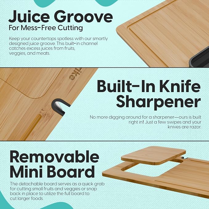 Bamboo Cutting Board Set with Knife Sharpener – Thick Wood Boards with Juice Groove, Silicone Container & Handles Non-Toxic Over Sink Design Ideal Kitchen Gifts