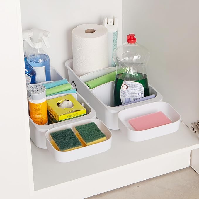GAROOD Kitchen Under Sink Organizer Cleaning Supply Caddy Storage Bin Under Sink Caddy Rolling Cleaning Organizer with wheels Pull out tray Bathroom Organizers Storage 16.5*8*3.75 in - White 2 pack