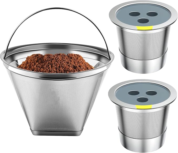 Stainless Steel Reusable Coffee Filter Compatible with Coffee Maker, Reusable Coffee Pods with 4 Cone Coffee Filters, Reusable Coffee Filters for Ninja CFP201 CFP300 CFP307