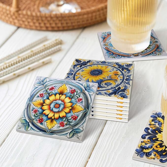Coaster for Drinks Set of 6, Blue Vintage Spanish Ceramic Floral Absorbent Round Ceramic Stone Mat, with Cork Base and Metal Holder, Gift for Housewarming Room Bar Decor (Ornate Mosaic Tile-5)