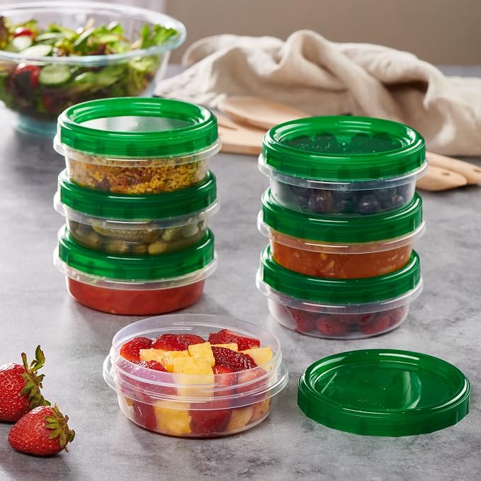 PLASTICPRO 12 Pack Twist Cap Food Storage Containers with Green Screw on Lid- 8 oz Reusable Meal Prep Containers - Freezer and Microwave Safe Green Plastic Food Storage
