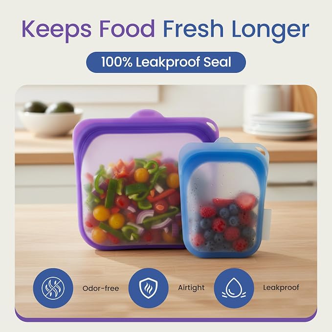 Session Goods 100% Reusable Silicone Food Storage Bags, Pack of 2 (Purple + Blue), Hygienic Ziplock Silicone Bags for Food Storage for Leftovers, Leak Resistant Freezer Bags, BPA Free, Sandwich Bags
