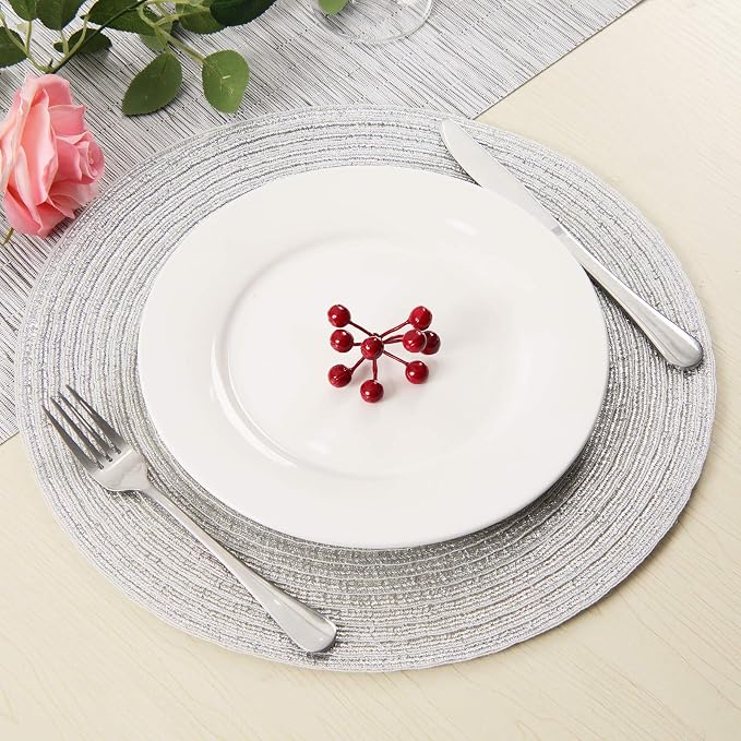 SHACOS Silver Glitter Round Placemats Set of 6 Sparkle Bling Place Mats Glitz Table Mats for Holiday Home Party Wedding Festive Table Decoration (6, Silver)