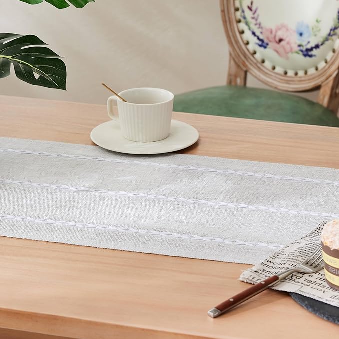 Braided Farmhouse Table Runner, Braided Light Grey 13x60 Inch, Cotton Linen Table Runners 60 Inches Long, Embroidered Striped Light Grey Boho Table Runner Rustic Home Decor
