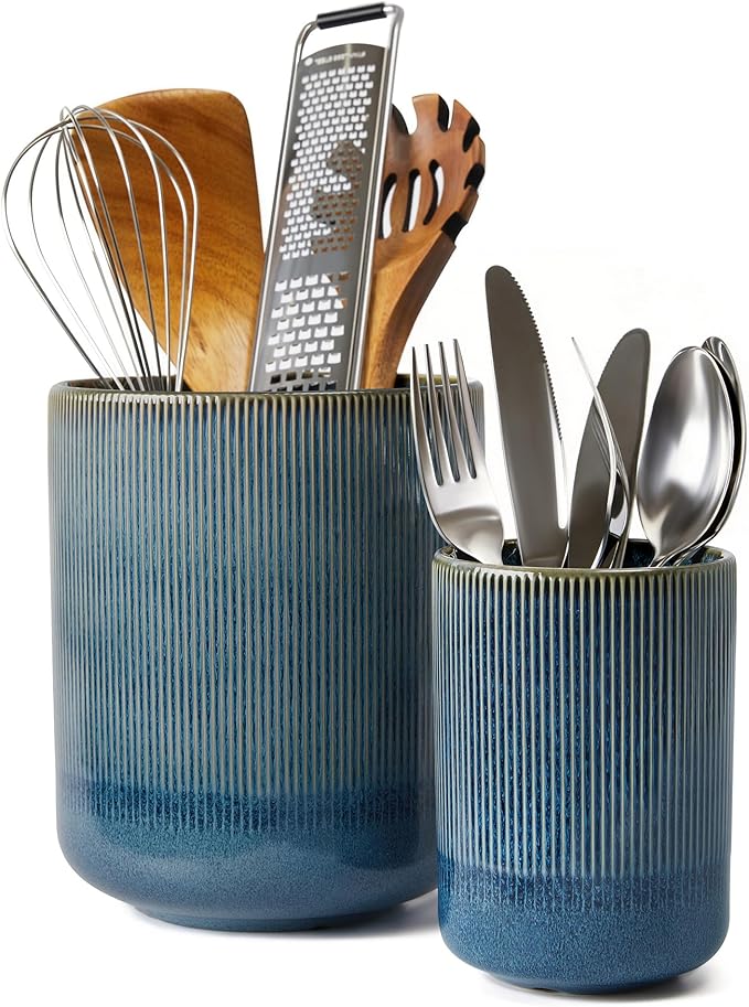 Pokini Utensil Holder, 7.3"+5.3" Ceramic Large Kitchen Utensil Holder for Countertop, Modern Spatula Holder for Counter, Kitchen Utensils Holder Utensil Crocks, Reactive Glaze Blue