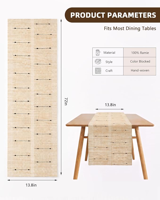 Ramie Table Runner 13.8 x 72 Inch, Natural Woven Table Runner for Dining Table, Boho Farmhouse Rustic Table Decor for Kitchen, Coffee Table, Entryway Console