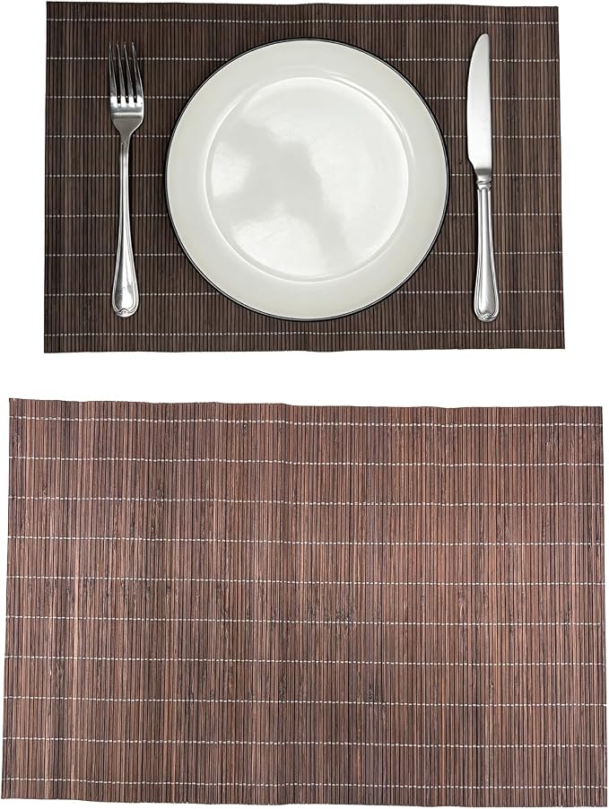 8-Pack Natural Bamboo Placemats Set - Reusable Rectangular Heat Resistant Table Mats for Everyday Use, Camping, Picnics, Party Decor - Easy to Clean & Store, Lightweight (Coffee)