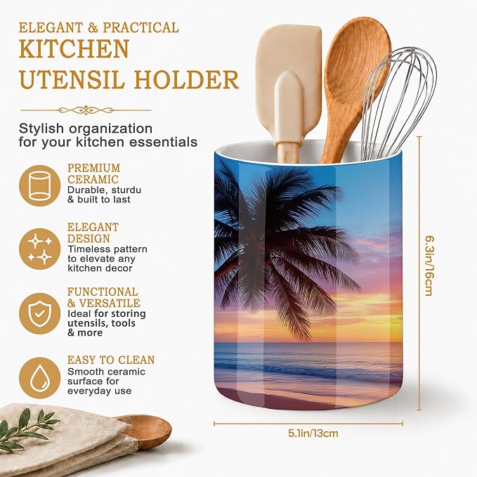 Tropical Palm Kitchen Utensil Holder,Sunset Trees Sea Beach Large Ceramic Utensil Crock for Countertop,Cooking Utensil Organizer for Spatulas,Spoons