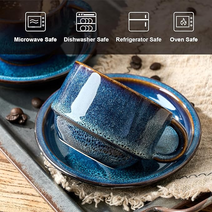 JIEMEI HOME Porcelain Stackable Cappuccino Cups with Saucers and Metal Stand, 7 Ounce Espresso Cups for Latte Coffee Cafe, Specialty Coffee Drinks, Cappuccino and Tea - Set of 4, Midnight Tide