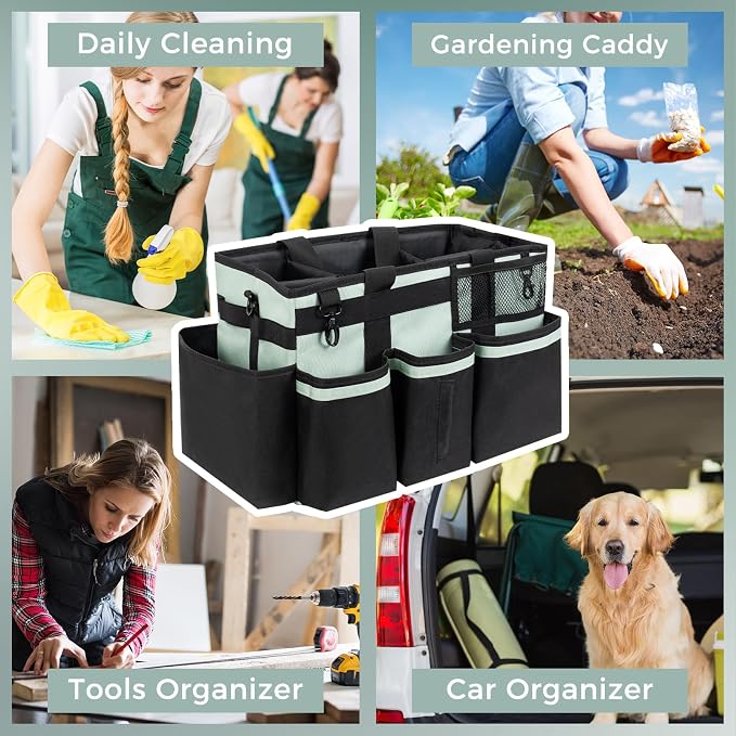 SCAVATA Wearable Cleaning Caddy, Cleaning Caddy Supplies Organizer with Handle & Shoulder Straps for Housekeepers, Under Sink & Car Cleaning Tool Organizers Bag with 4 Foldable Divider (Celadon)