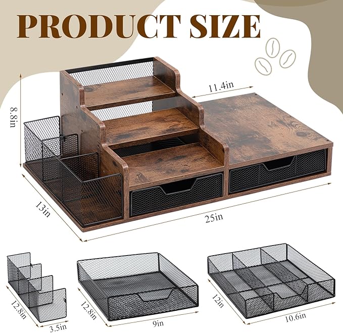 Potchen Wood Coffee Station Organizer Coffee Bar Organizer with 3 Tier Sliding Pods Storage Drawer Compatible with K Cup Storage Holder for Countertop Bar Accessories