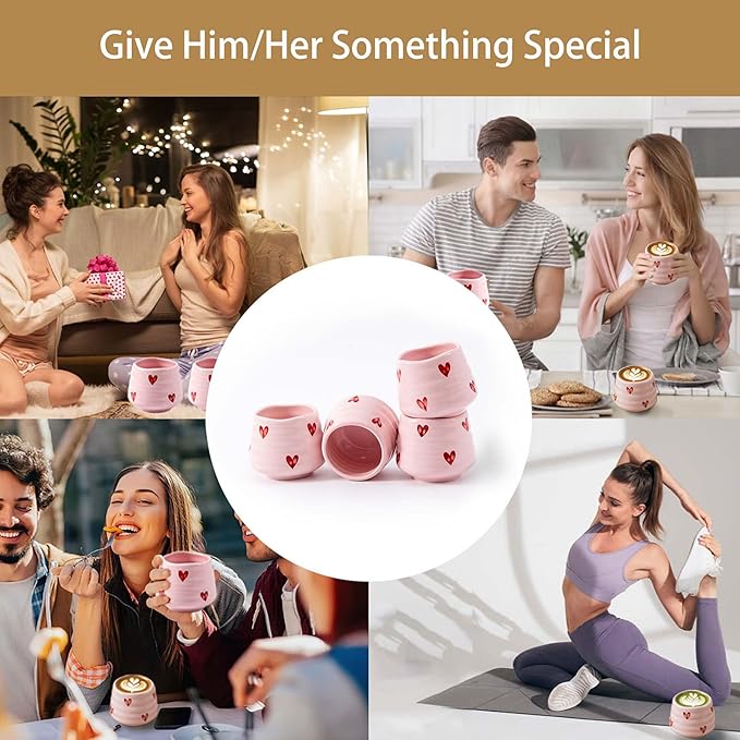 4pcs Japanese Tea Cup Set – Mini Size Cup 5OZ Ceramic Matcha Cup, Handless Espresso Cups, Cute Small Coffee Mugs for Coffee Tea Lovers, Dishwasher & Microwave Safe (Pink Love)