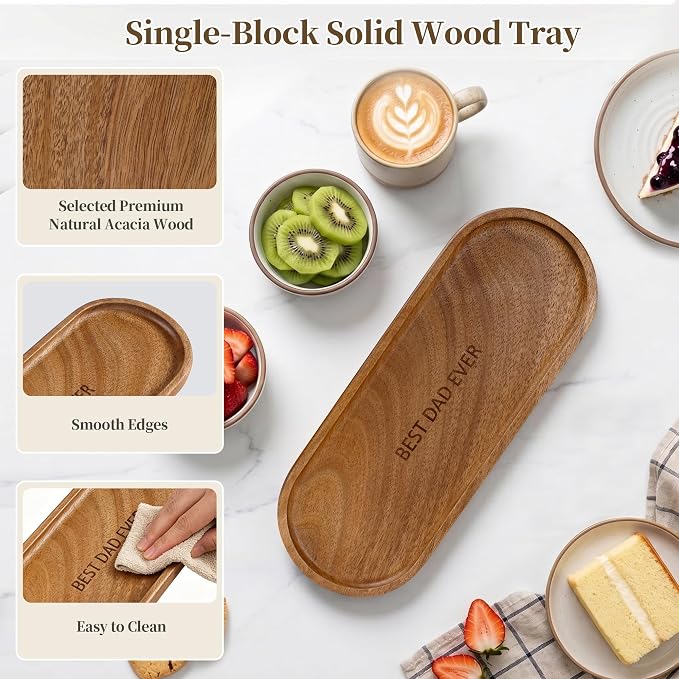 Small Wooden Tray | Acacia Wood Serving Tray for Father Vanity Tray for Men | Tray for Bathroom Counter, Coffee Table & Toilet | Ideal for Snack, Remote & Catch All | Mini Platter (Oval-Best Dad Ever)