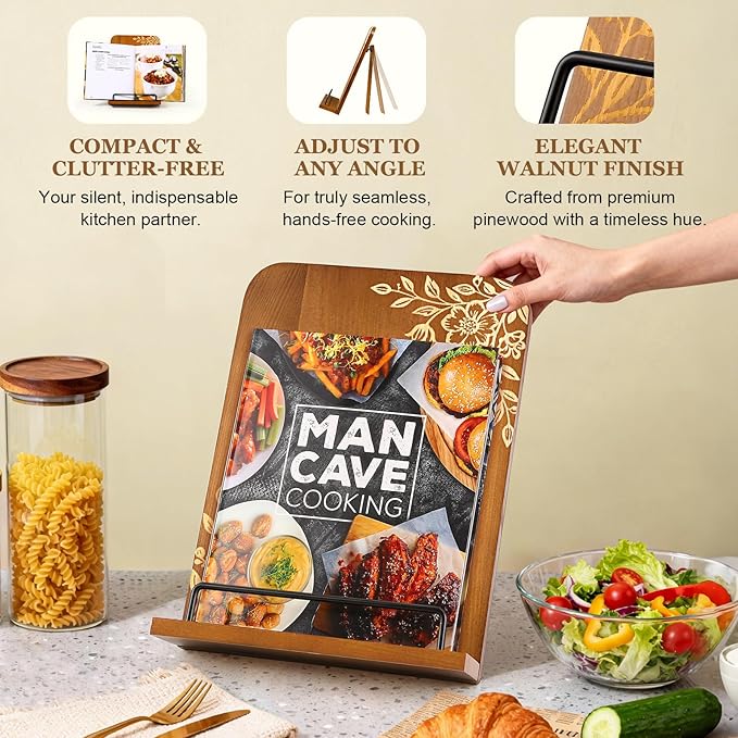 Beautiful Cookbook Stand for Kitchen Counter - Solid Wood Recipe Book Holder with Adjustable Design - Keeps Books Open for Convenient Cooking - Enhances Any Kitchen Decor