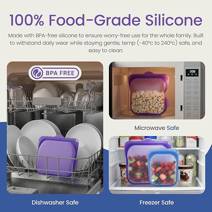 Session Goods 100% Reusable Silicone Food Storage Bags, Pack of 2 (Purple + Blue), Hygienic Ziplock Silicone Bags for Food Storage for Leftovers, Leak Resistant Freezer Bags, BPA Free, Sandwich Bags