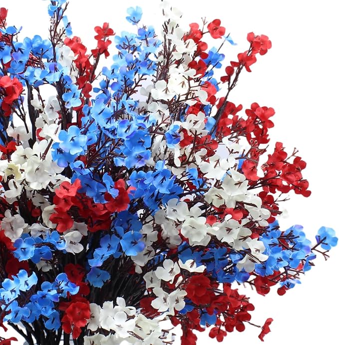 DoubleWood 4 of July Decor Artificial Flowers Indoor, 10PCS Red White and Blue Artificial Babys Breath Flowers, Patriotic Decor for Floral Arrangement Table Centerpieces (10, Red, White and Blue)