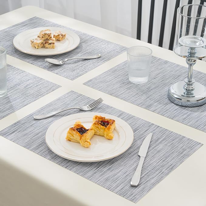 BACKTOEDEN Placemats Set of 8 Heat Resistant Washable Wipeable Placemats Woven Non-Slip Foldable Vinyl/Plastic Placemat Indoor/Outdoor Place Mats Kitchen Dining, Gray Silver Line
