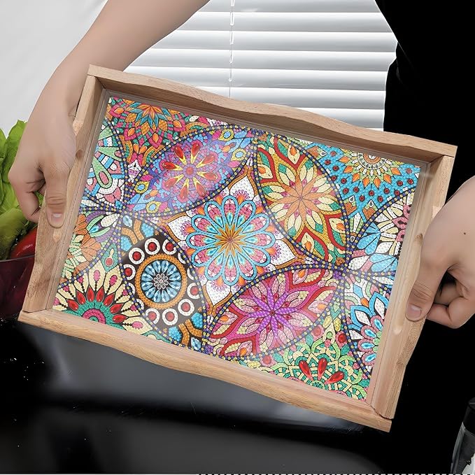Generic DIY Diamond Serving Tray Rectangular Upgrade Increase Breakfast Tray with Handles Handmade Diamond Art Painting Wooden Tray Dinner Plate for Coffee Living Room Home Organizer-Mandala01