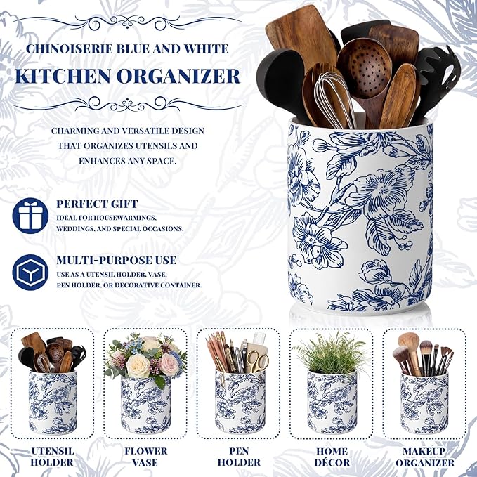 Suclain Blue Floral Ceramic Utensil Holder 6.3 Inch Chinoiserie Vintage Kitchen Crock Blue and White Floral Countertop Storage Organizer for Spatulas and Spoons Home Cooking Unique Gift Idea