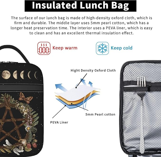 Gianlaima Wicca Moon Phase Witchy Star Magic Mushroom Insulated Lunch Box For Women And Man, Portable Lunch Bags Reusable Cooler Tote For Office Work Travel Picnic Camping Beach
